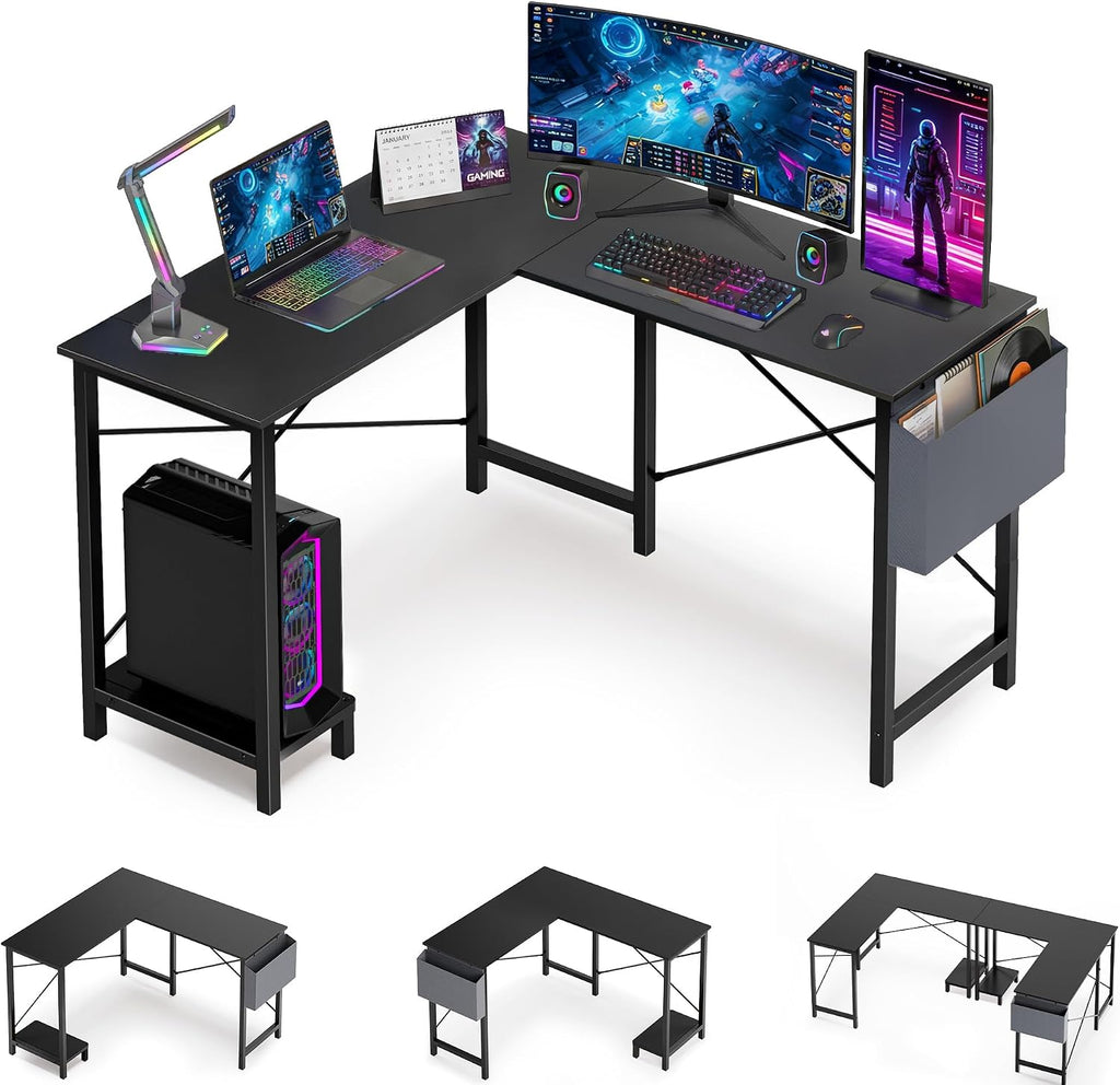 L Shaped Desk, Gaming Desk, Corner Table 50 Inch | Side Bag, Reversible Shelf, Home Work Study Writing, PC