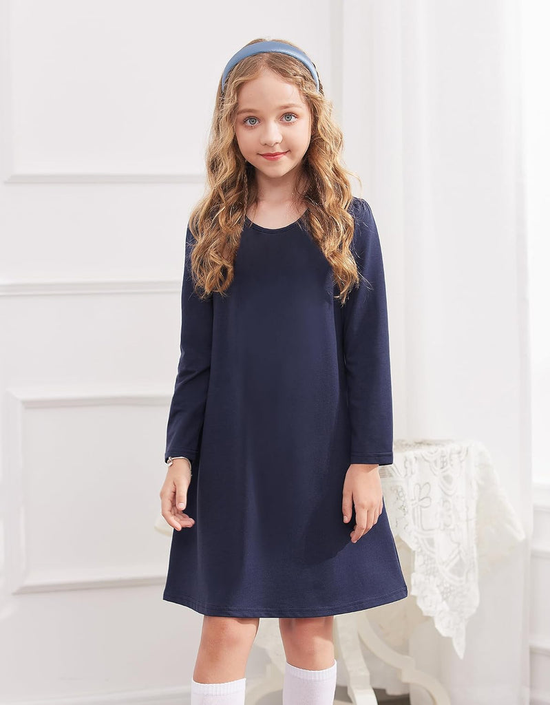Girls Dress Kids Long Sleeve Solid Color Casual T-Shirt Dress