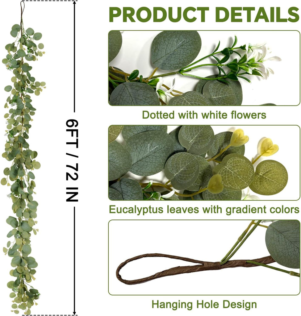 6Ft Lighted Eucalyptus Garland with 30 LED Lights String, Battery Operated Olive Leaf Greenery Garland for Table - Set of 6