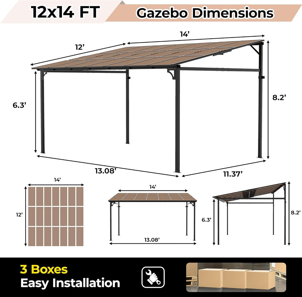 12' x 14' Hard Top Lean-to Gazebo - Aluminum Wall-Mounted Pergola with 6mm Roof Panels, Dark Brown