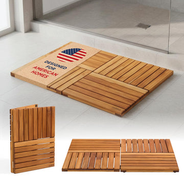 Premium 32"x21" Foldable Solid Teak Shower Mat, Non-Slip Bath Mat