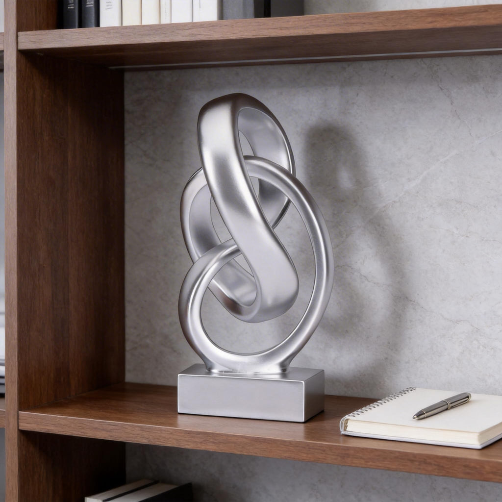 Modern Abstract Knot Sculpture, Artistic Mobius Inspired Resin Decor, Elegant Home and Office Decor, (Silver)