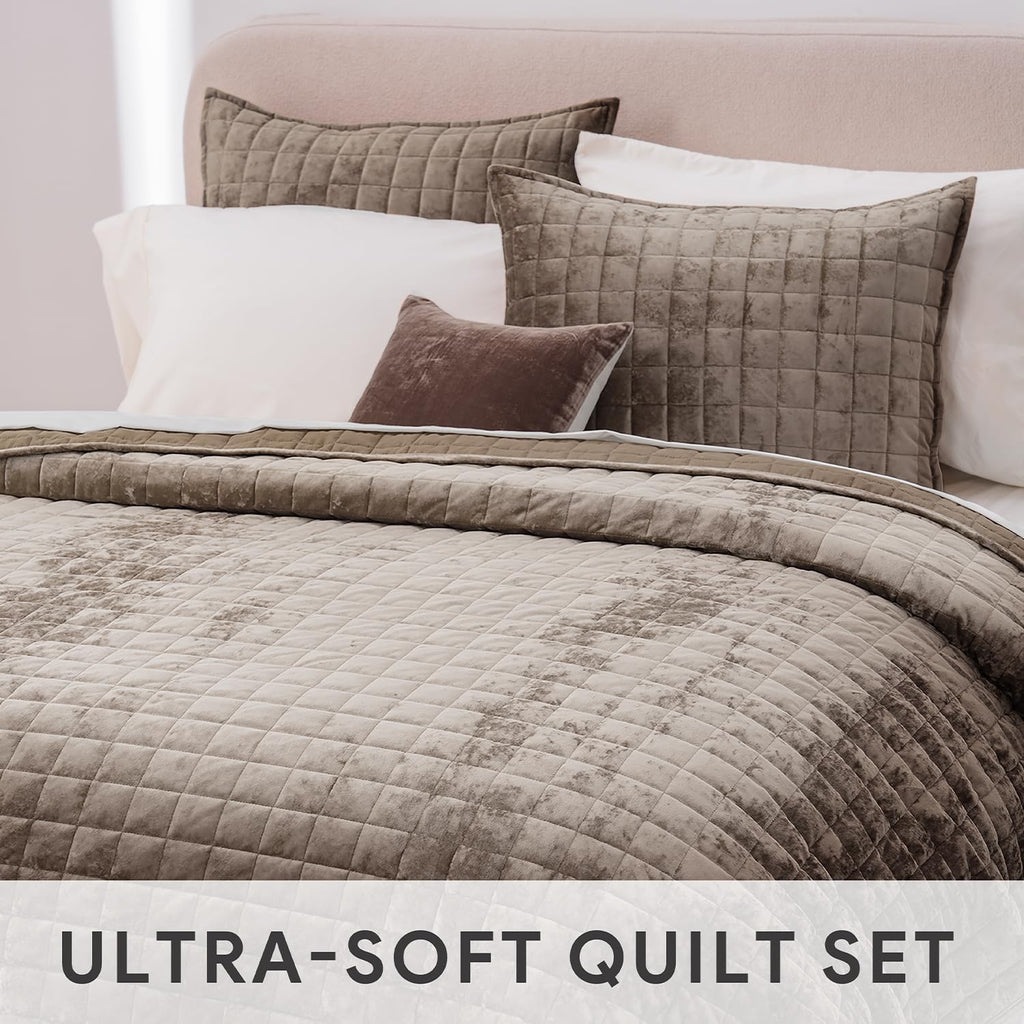 Luxury Velvet Quilt Set King Bedding Sets, Ultra Soft Velvet Comforter Set, Lightweight Channel Box Stitch Oversized