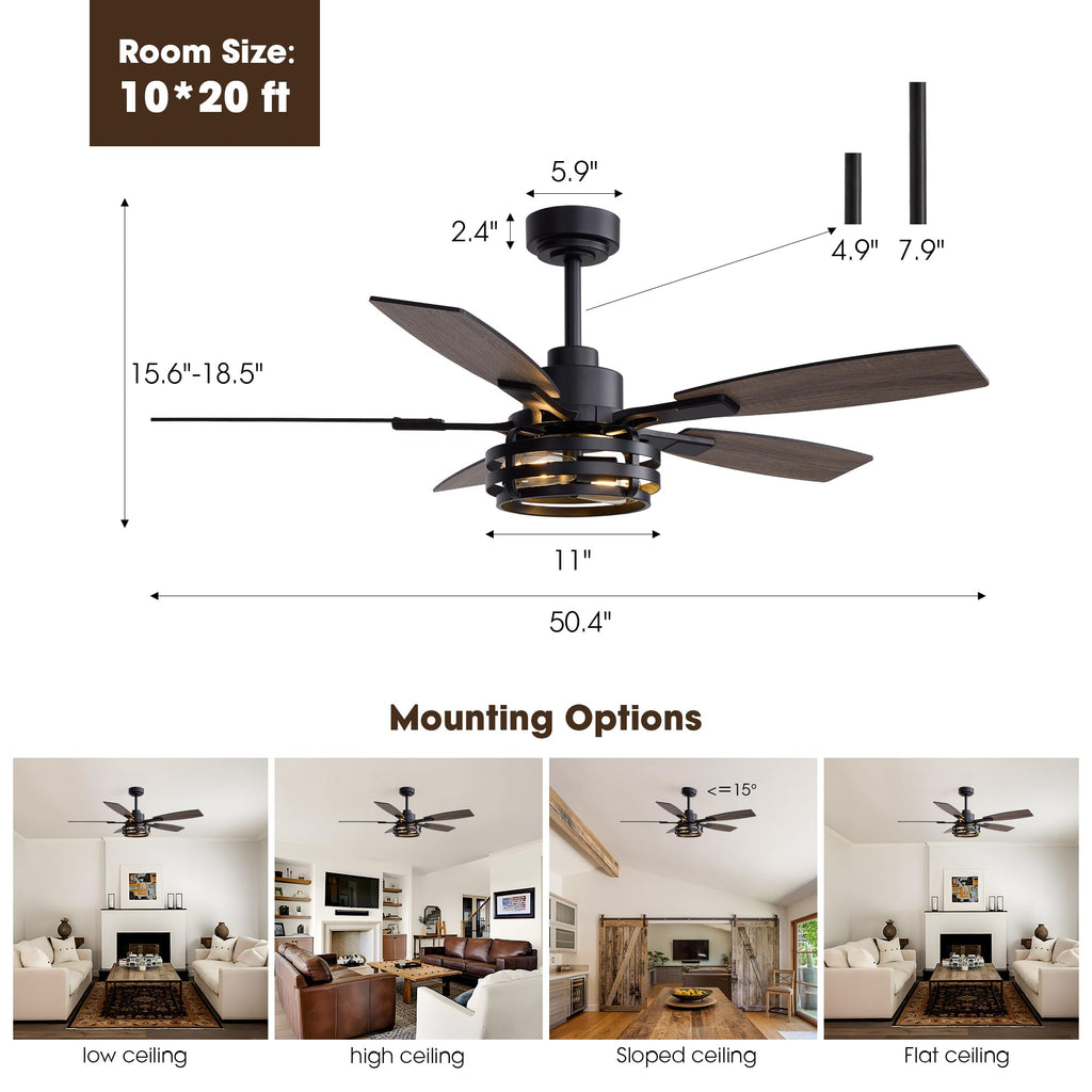 52 Inch Farmhouse Ceiling Fan with Lights, Rustic Ceiling Fan with Remote Control, Quiet Reversible Motor, Black
