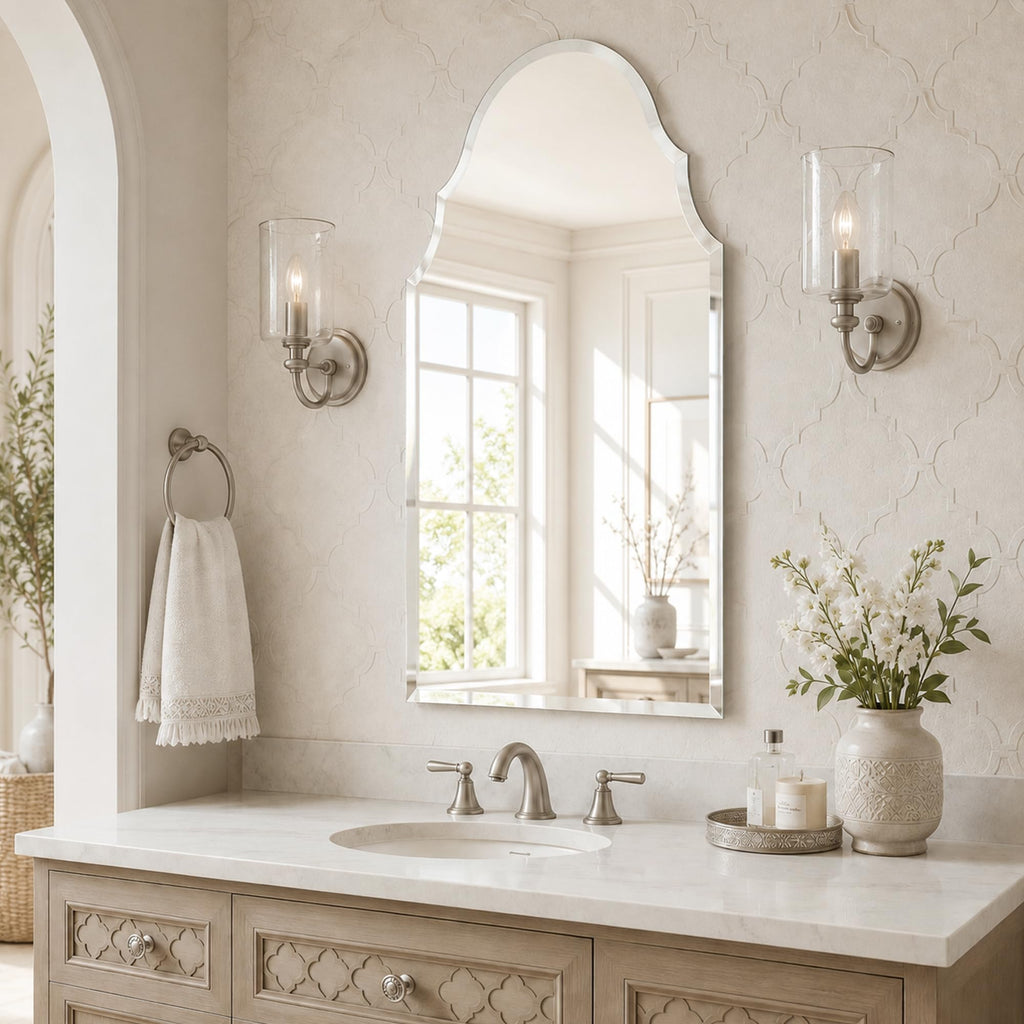 20x36 Inch Scalloped Arch Frameless Beveled Wall Mirror for Vanity