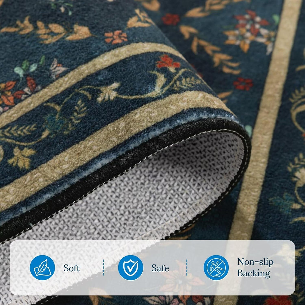 Blue Floral Rugs 5x7 Area Rugs, Non Slip Stain Resistance Washable Vintage Large Area Rug, Low Pile Checkered