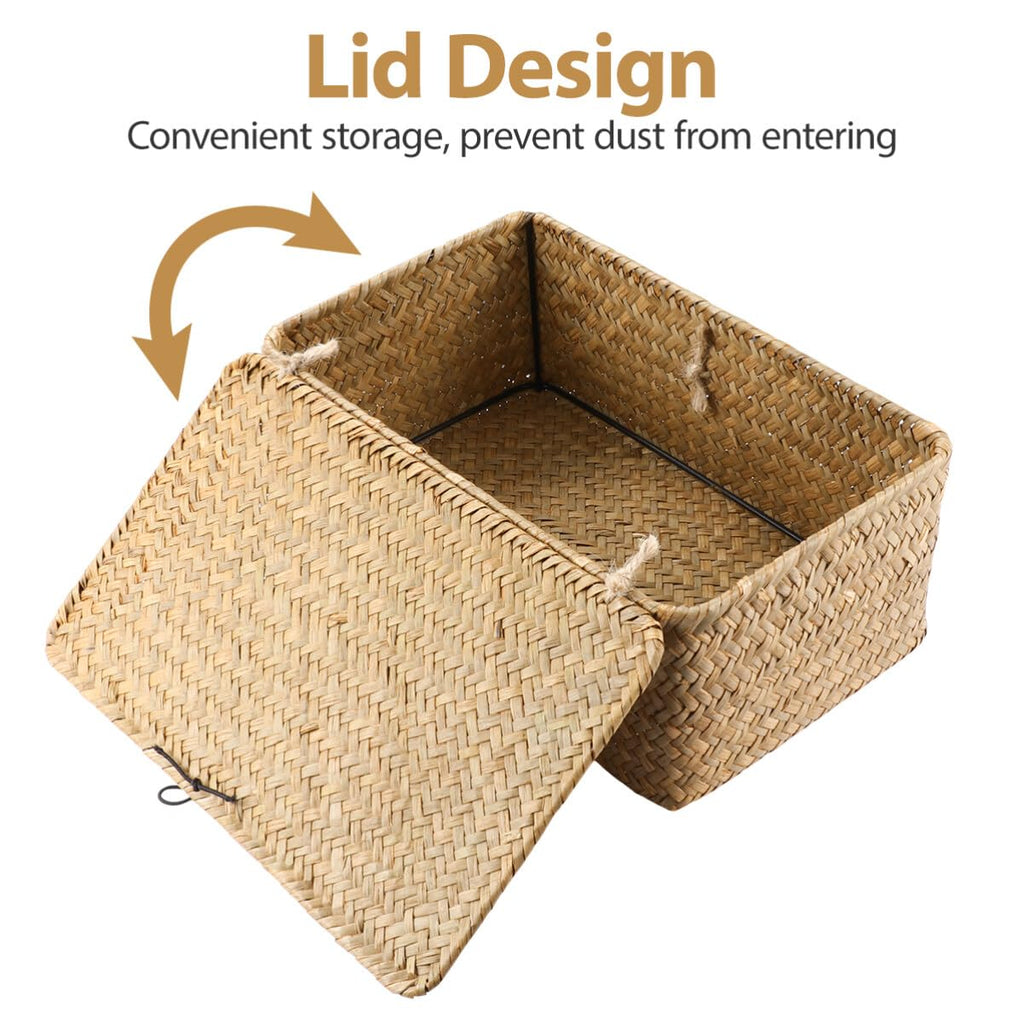 Woven Storage Box Wicker Storage Bins with Lid Seagrass Basket Desktop Hand- Woven Box Shelf Organizer