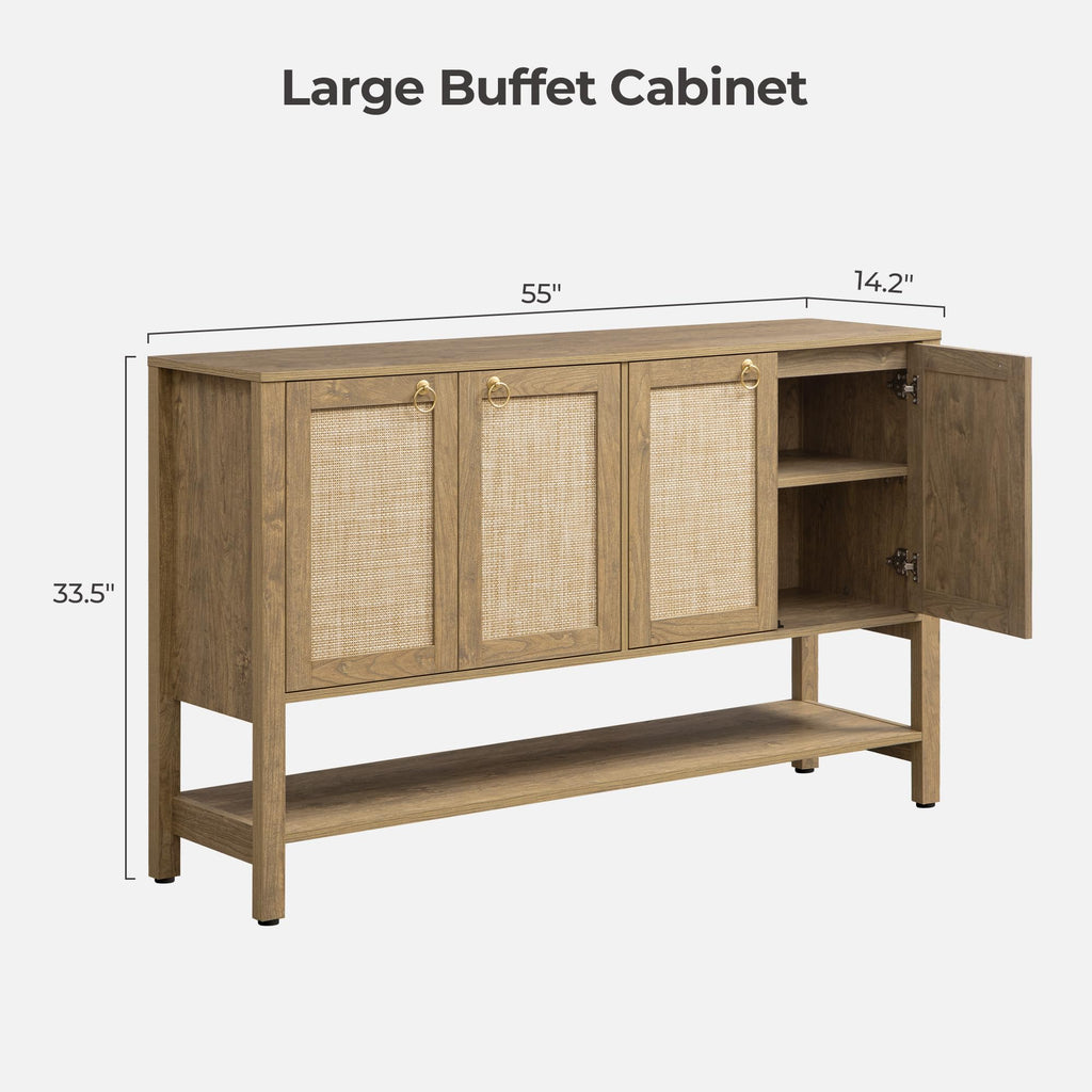 Boho Sideboard Buffet Cabinet with Rattan Doors, Storage Credenza