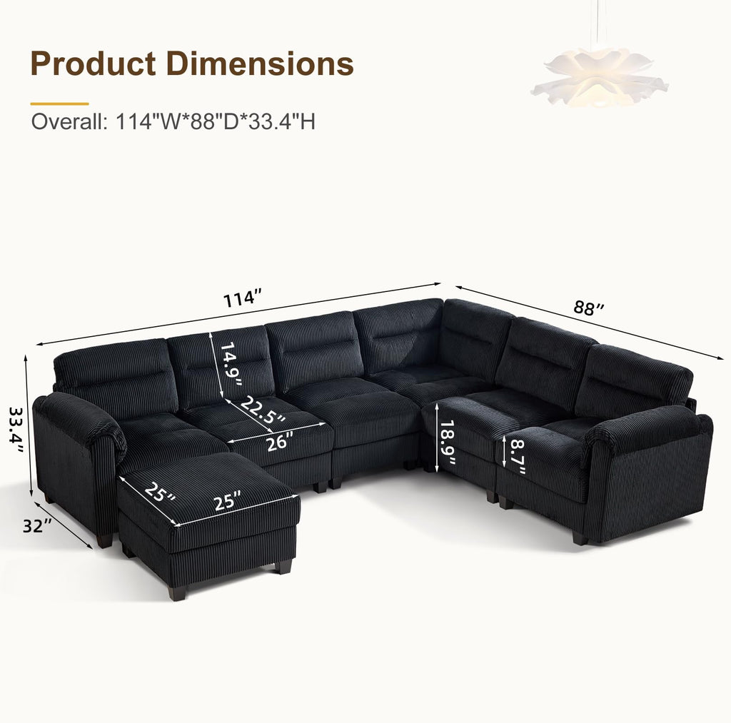 115" Modular Sectional Sofa Couch with Movable Ottoman, Oversized Corduroy U Shaped Sectional Couches with Rolled