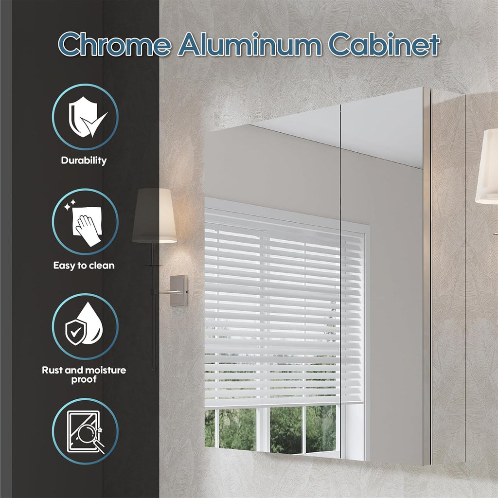 30" x 30" Bathroom Medicine Cabinet, Anodized Chrome Aluminum Frame, Medicine Cabinet with Adjustable Glass Shelves
