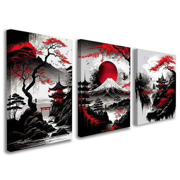 3 Piece Framed Canvas Wall Art Japanese Landscape Wall Decor with Red Sun, Mount Fuji, Pagoda & Cherry Blossom