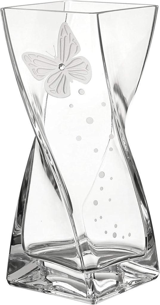 Butterfly Vase - Handmade Glass Vase Decorated with Premium Austrian Crystal and Etched Butterfly - Gift Boxed