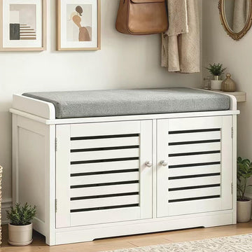 White Shoe Bench with Storage 2 Doors & Padded Seat Cushion