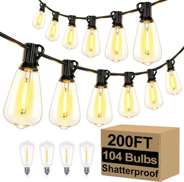 Outdoor String Lights 200FT Waterproof, Patio String Lights for Outside with 100+4 ST38 Shatterproof LED Filament