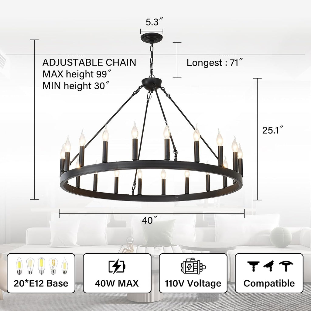 Inspired Camino Style Chandelier - Black Wagon Wheel Chandelier 40 inch,20-Light Farmhouse Wagon Wheel Chandeliers Round Industrial Ceiling Light fixtures for Outdoor Porch high Ceilings Living Dining Room Foyer Entryway A105-B0C5BVK35F