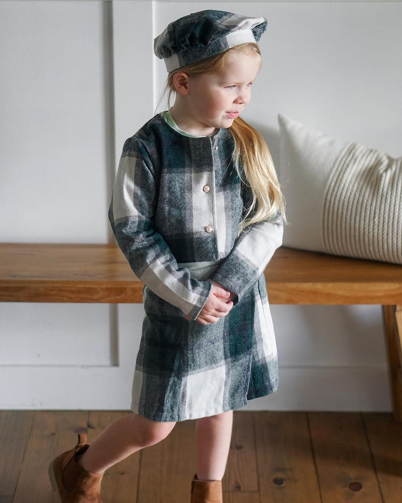 Toddler Girl 4 Pieces Outfits Ruffles Long Sleeve Tops Plaid Skirt Jacket And Hat Fall Winter Clothes Set