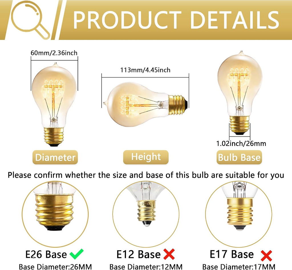 A19 Incandescent Light Bulbs 40W E26 Dimmable Edison Bulbs 6 Pack
