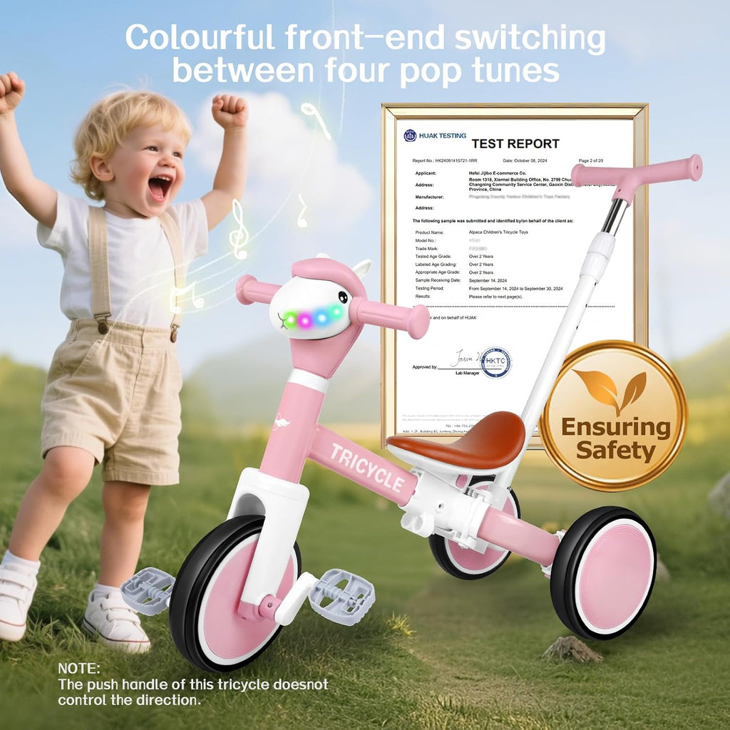In-1 Kids Tricycle with Lights & Music, Adjustable Push Kids Bike for 1-5 Year Olds, Kids Balance Bike & Tricycle