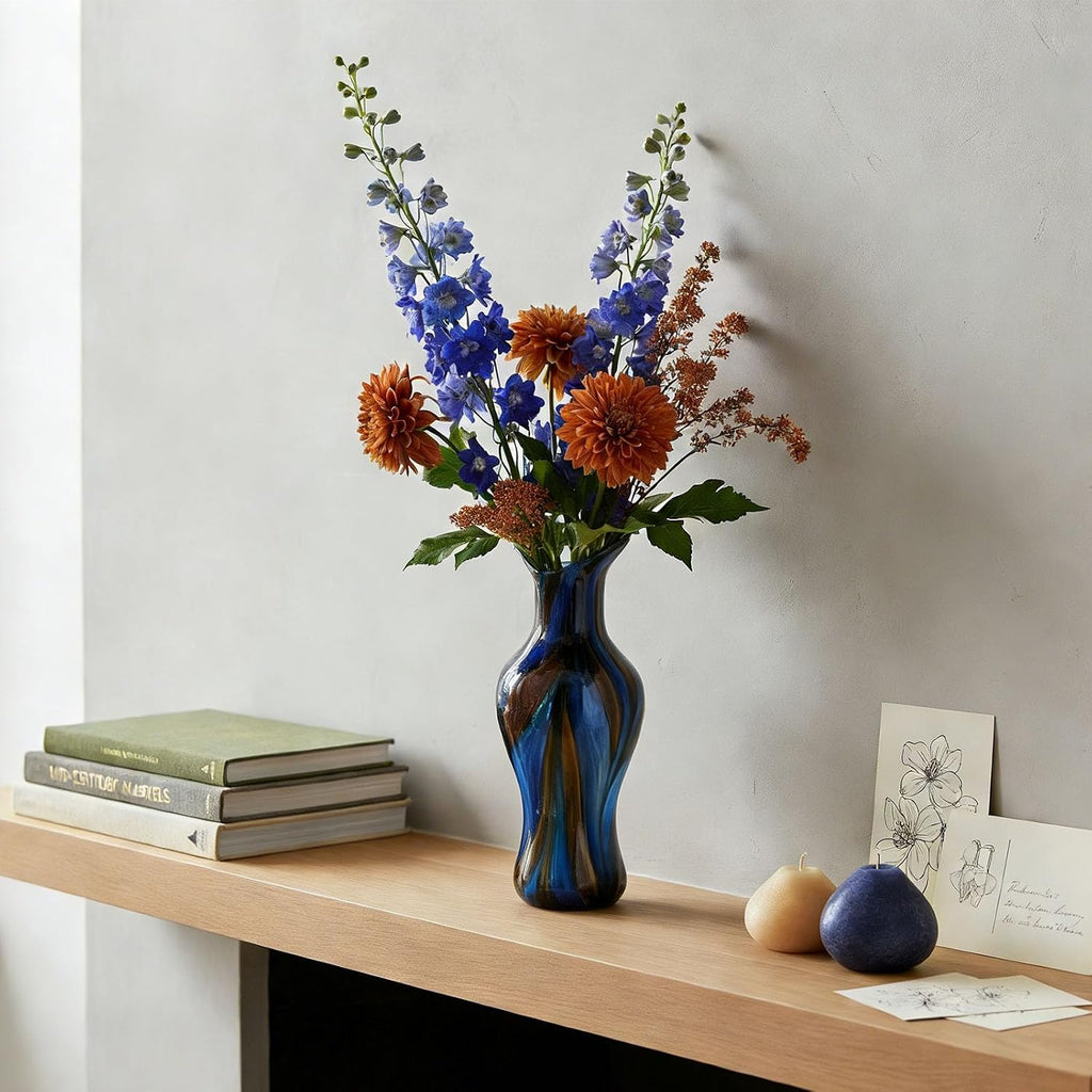 Handblown Art Glass Vase, 12.4" Tall Heavy Duty Decorative Flower Vase with Unique Swirl Pattern, Modern Murano Style