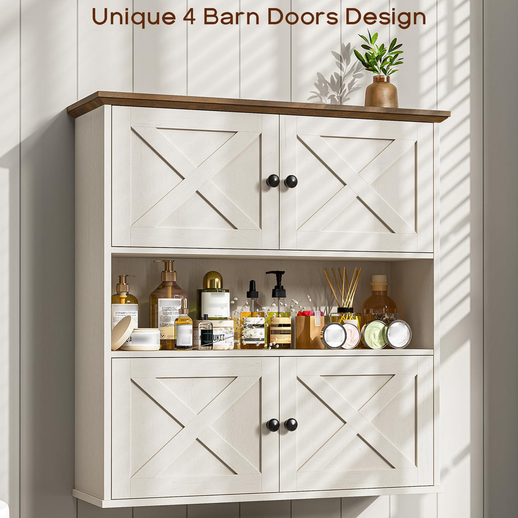 Bathroom Wall Cabinet, Farmhouse Medicine Cabinet with 4 Barn Doors, Large Wooden Vintage Storage Cabinet Wall