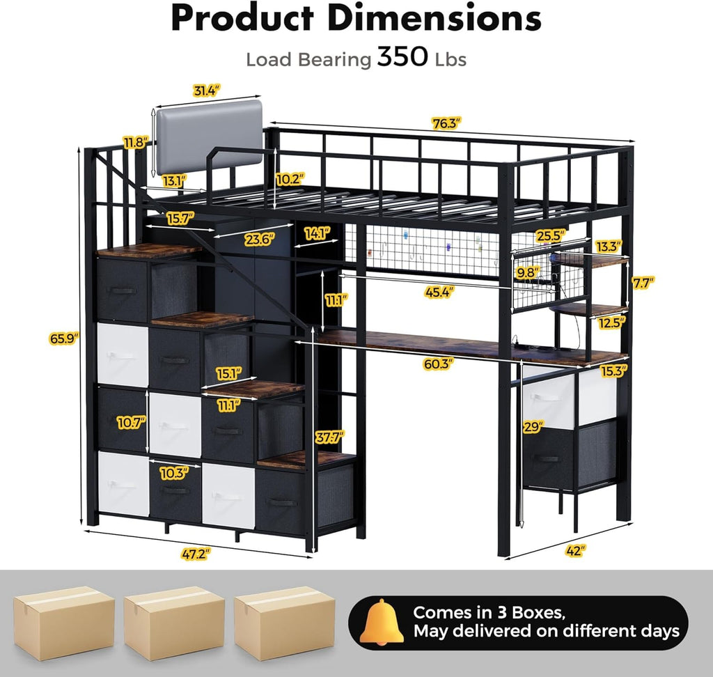 Twin Loft Bed with Desk, Stairs & LED Light, Metal Gaming Loft Bed Frame with Headboard, Safety Guardrail