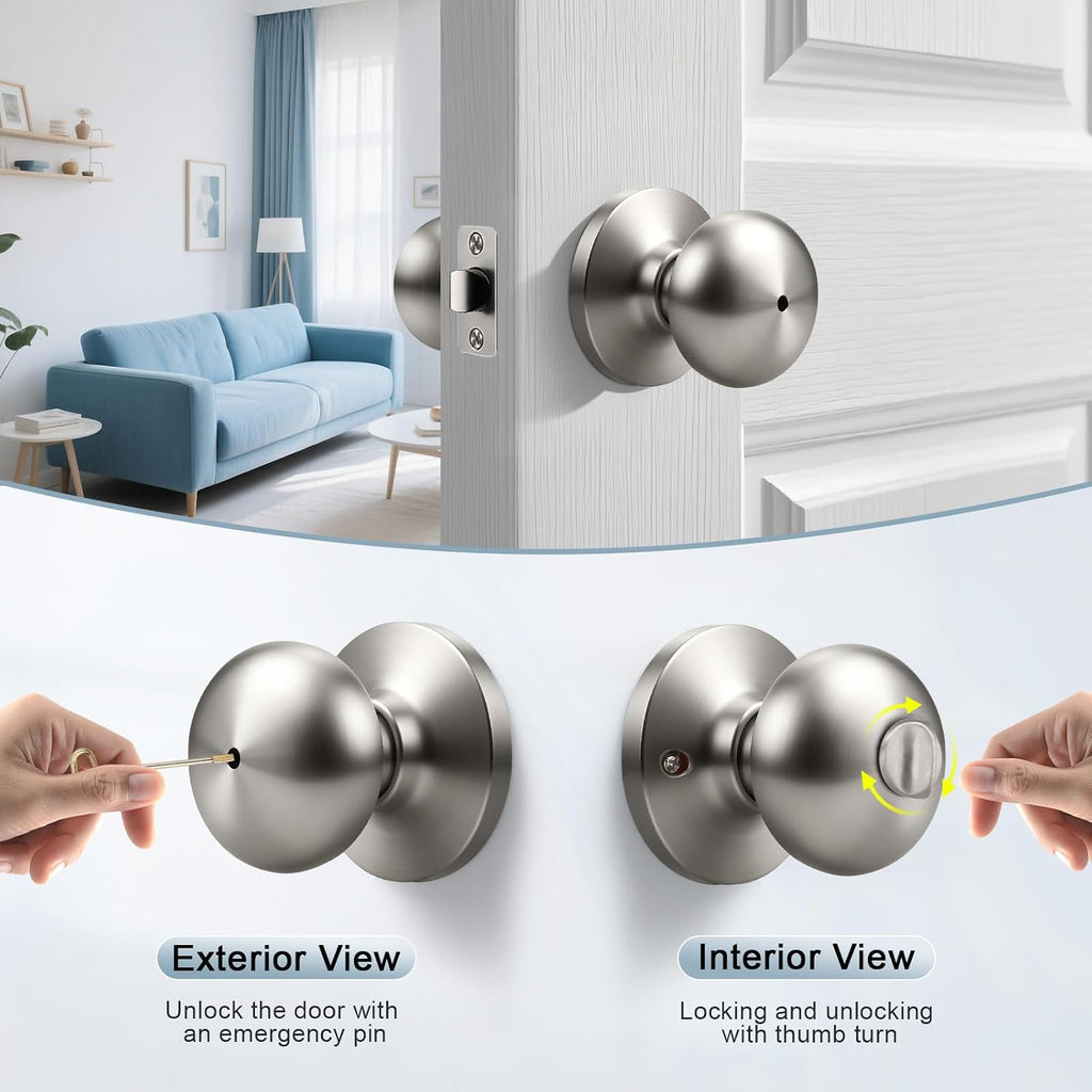 Brushed Nickel Interior Door Knobs, Keyless Privacy Door Knob Bathroom, Stainless Steel Indoor Door Knobset, Flat