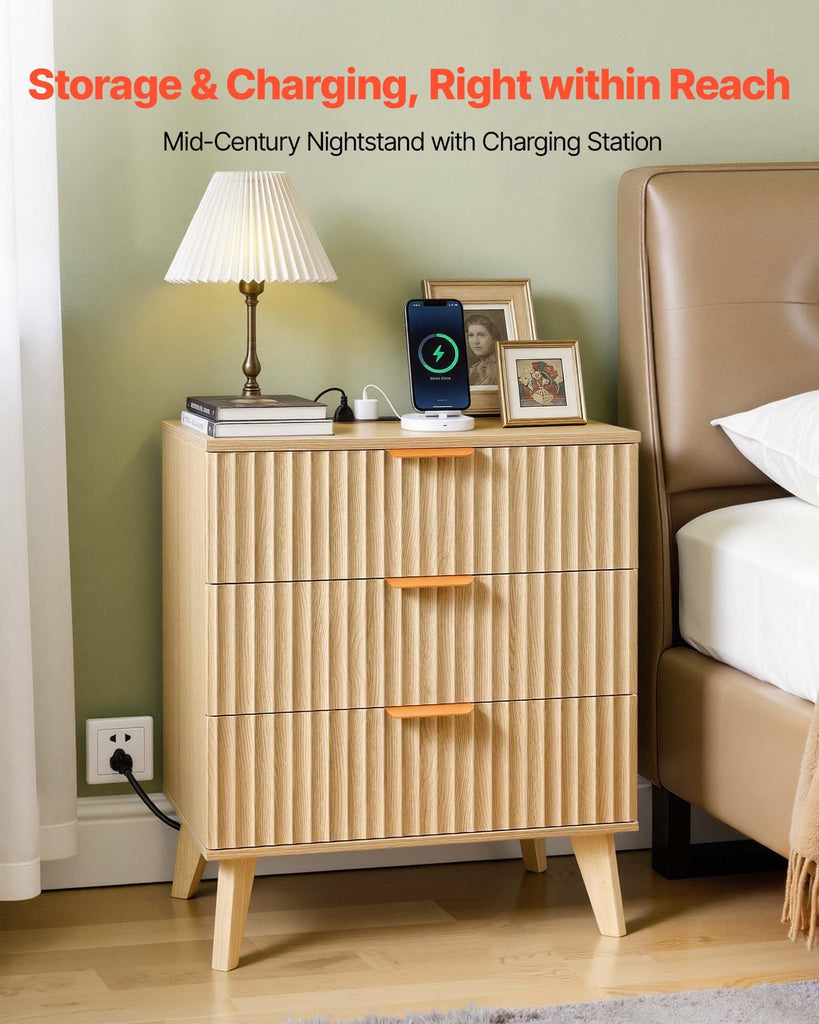 Fluted Nightstand 3 Drawer Dresser, 24" Wide Bedside Table with Charging Station, Mid Century Modern Night Stand with