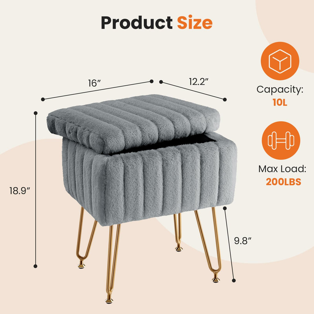 Vanity Stool Chair with Storage, 18.9"H x 16"L x 12.2"W Ottoman Chair Faux Fur Soft Padded Makeup Footstools Seat