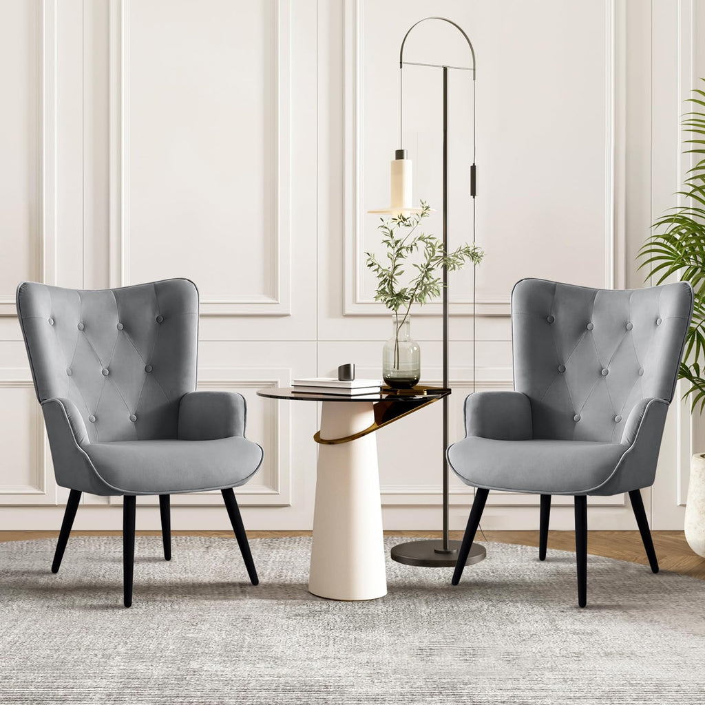 Grey Velvet Accent Chair Mid Century Modern Living Room Chairs; Comfy Armchair Leisure Vanity Guest Wingback Chair