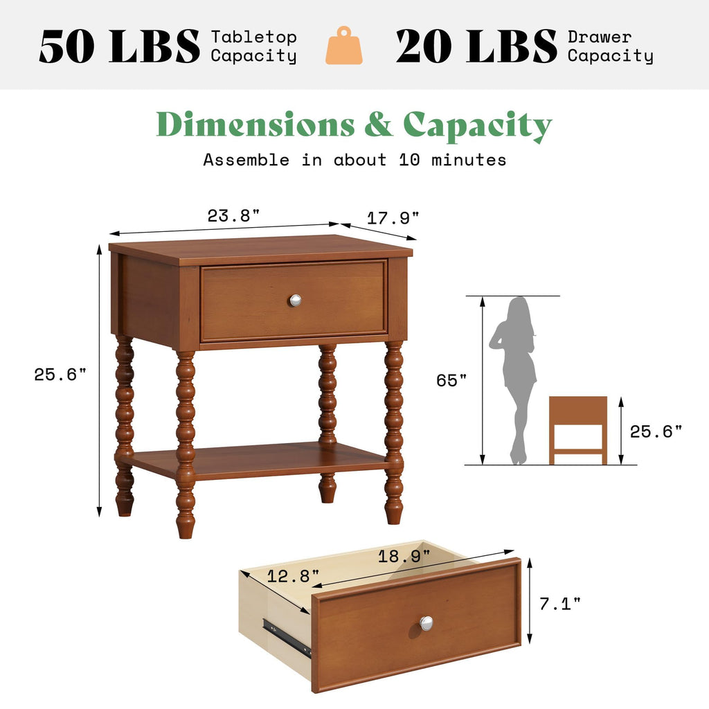Walnut Nightstand Set of 2, Solid Wood Bedside Table, Brown 24"