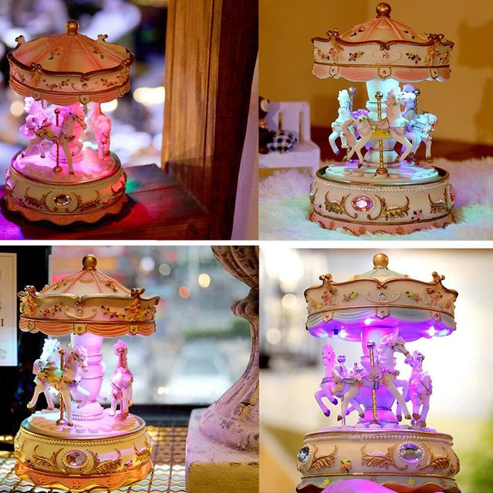 Pink Carousel Music Box with Rotating Horses and LED Light