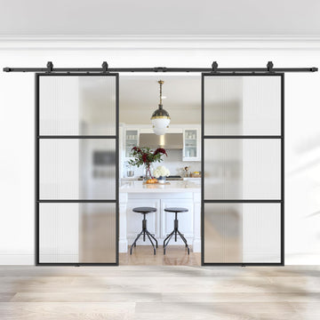 Double Barn Door 72 x 84 in with 12FT Hardware Kit and Soft Close, 2 Sets of 36x84 in Reeded Glass Carbon Steel Frame