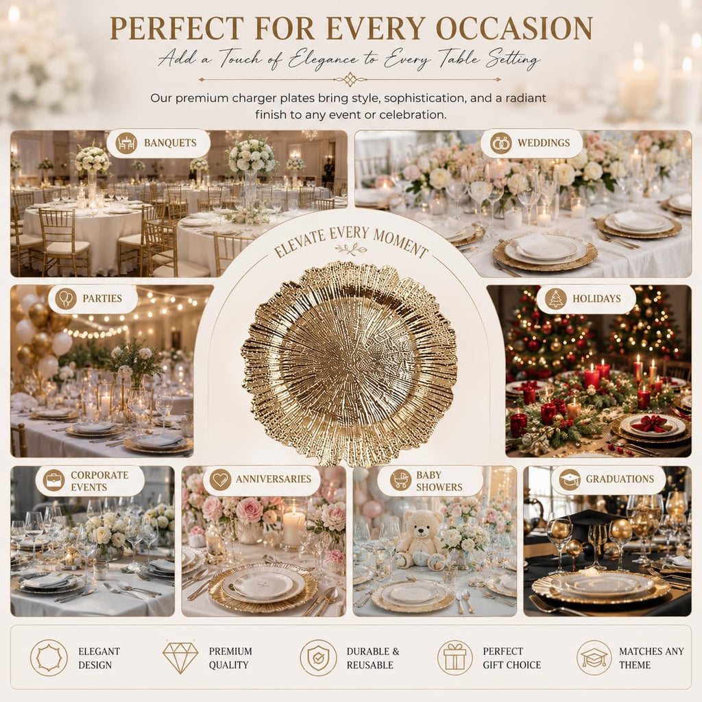 Gold Charger Plates, 13" Round Reef Design, Decorative Plastic Charger Plates for Wedding, Party & Table - Set of 12