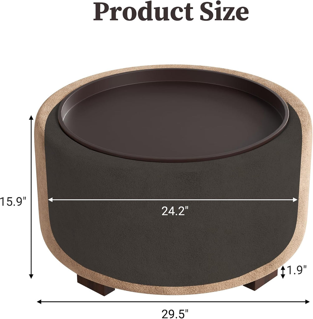 30" Round Ottoman with Storage Circular Coffee Table with Removable Wood Top and Solid Wood Legs Modern Upholstered