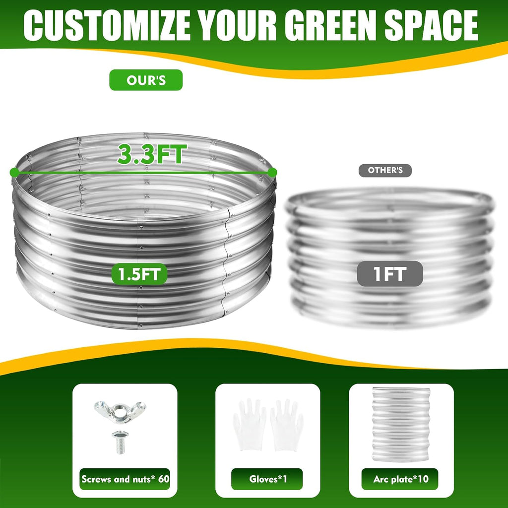 17" Tall,40" Diameter Elevated Round Metal Raised Garden Bed Silver | 3.3 FT Diameter,1.5 FT High, Made of Galvanized