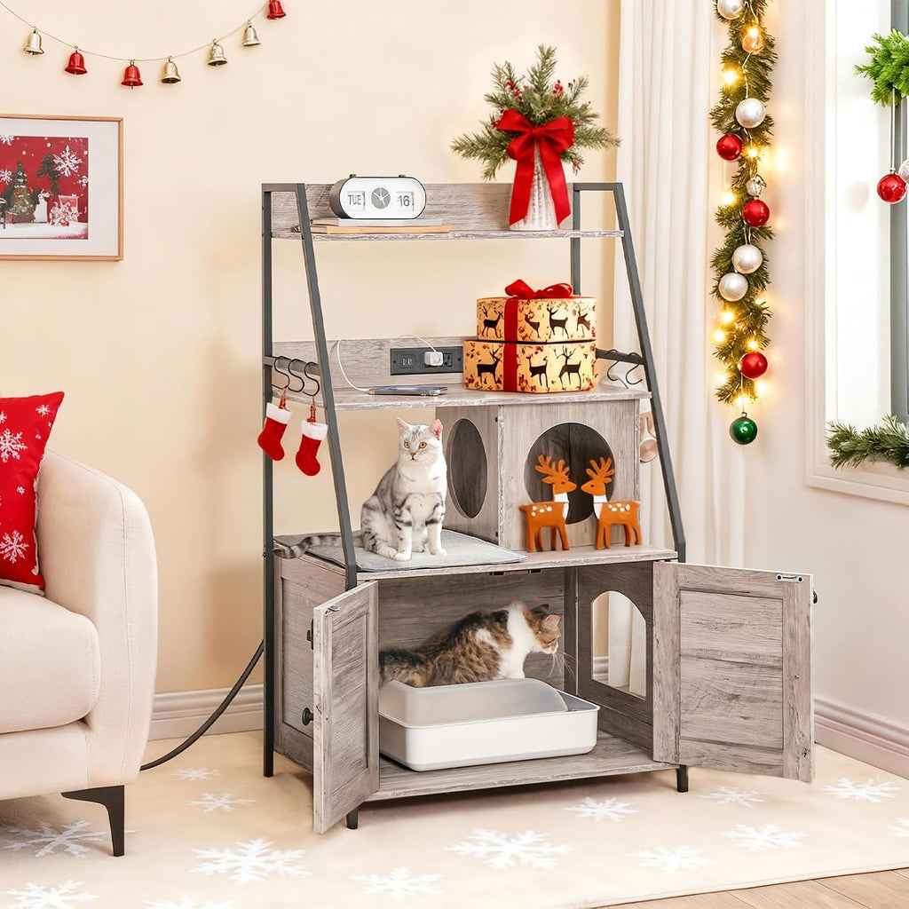 Litter Box Enclosure with 2 Storage Shelves, Tall Litter Box Furniture Hidden with Charging Station, Indoor Hidden