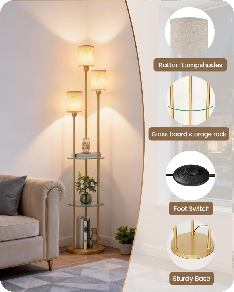 Floor Lamp with Shelves, Modern Floor Lamp with 3 Linen Shades and Foot Switch, 3-Light Standing Lamp, Study, Office