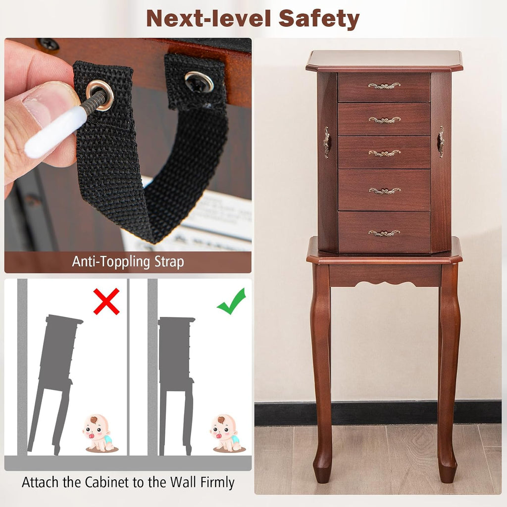 Wooden Jewelry Cabinet Armoire, 5-Tier Standing Jewelry Chest with Top Flip Makeup Mirror 4 Drawers 6 Necklace Hooks