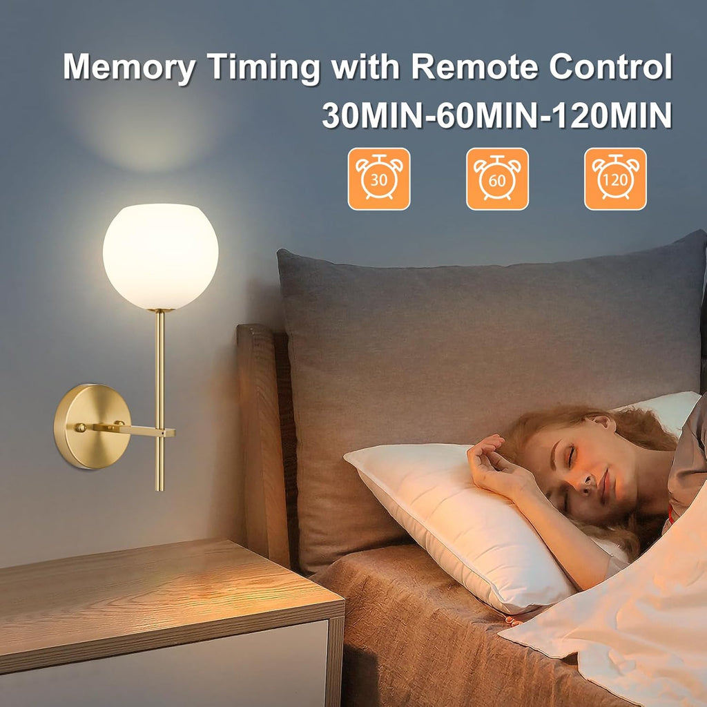 Gold Battery Operated Wall Sconces Set of 2, Rechargeable Wireless Wall Lights with Milky White Frosted Glass Shade