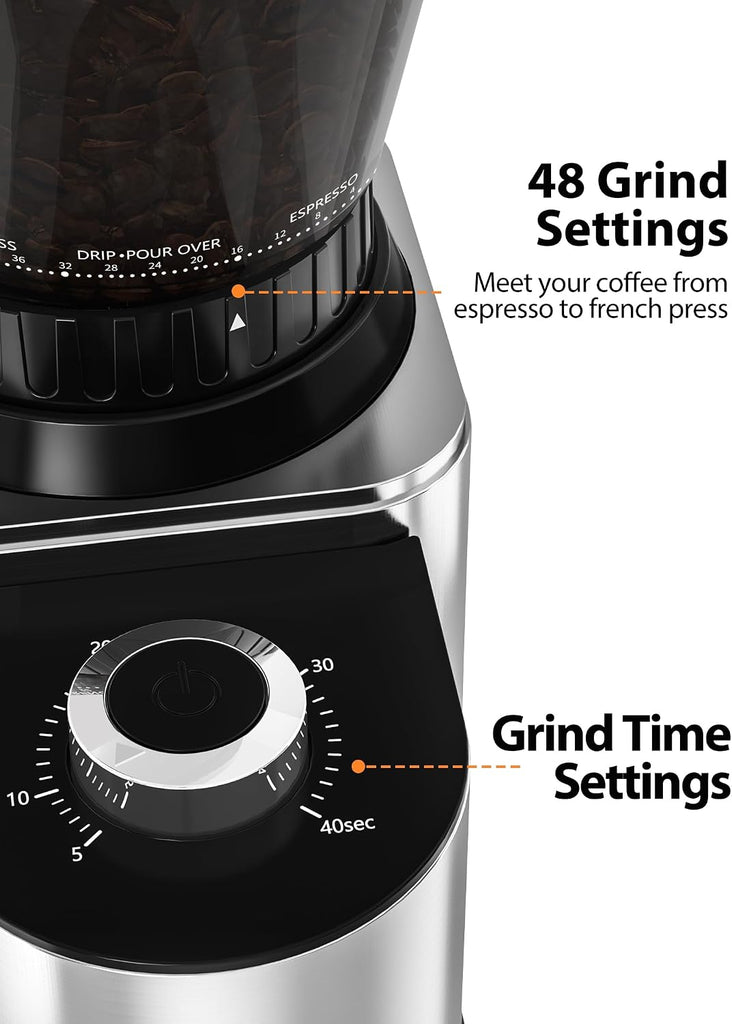 Conical Coffee Bean Grinder, 48 Settings, Anti-Static, Sliver | Stainless Steel, 40S Adjustable Timer, Removable