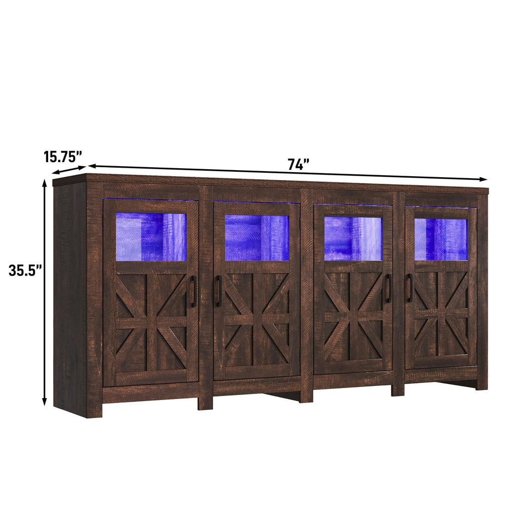 74" Large LED Farmhouse TV Stand for 80/75/70 Inch TVs with Power Outlets, Tall Entertainment Center Storage