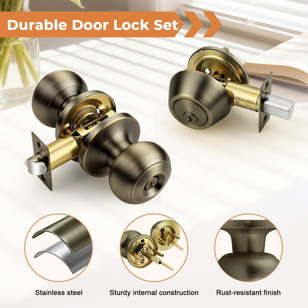 2 Pack Entry Door Knob Set with Single Cylinder Deadbolt Combo Set, Antique Brass Front Door Handle Keyed Alike