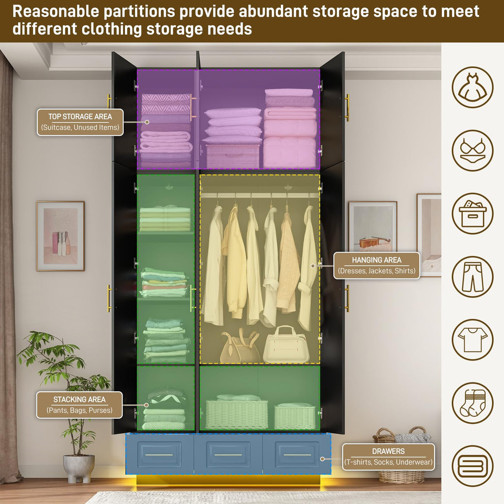 Large Armoire Wardrobe Closet Cabinet with Drawers and LED Lights, Multi-Tier Shelves, Hanging Rod, Large Capacity