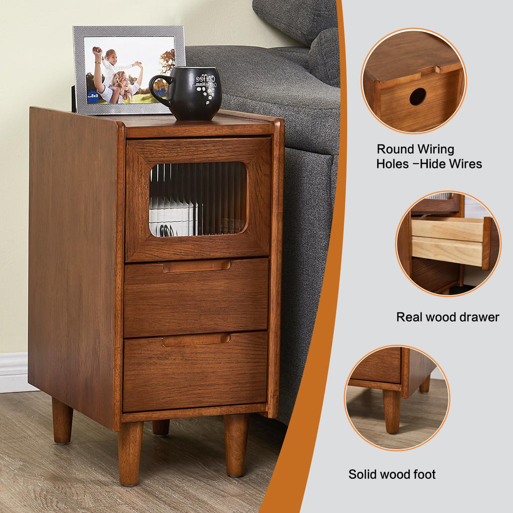 Solid wood Nightstand, Glass Door Storage Cabinet with 2 Drawers Walnut