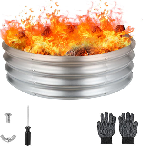 36 Inch Round Galvanized Fire Pit Ring - Silver Outdoor Campfire Ring