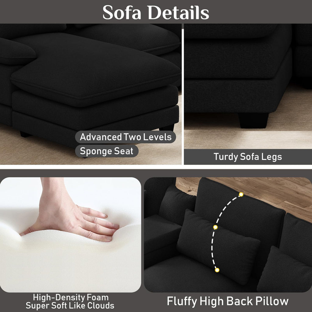 132" U Shaped Cloud Sectional Couch with USB Port, Black
