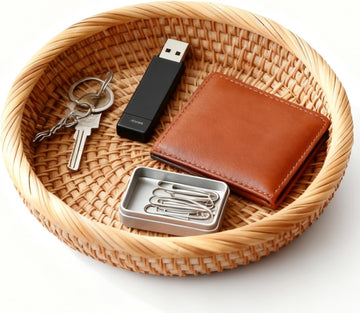 Handwoven Rattan Small Key Bowl - 7.6 Inch Round Catch All Tray for Keys,Coins, Wallet, Jewelry - Natural Wicker