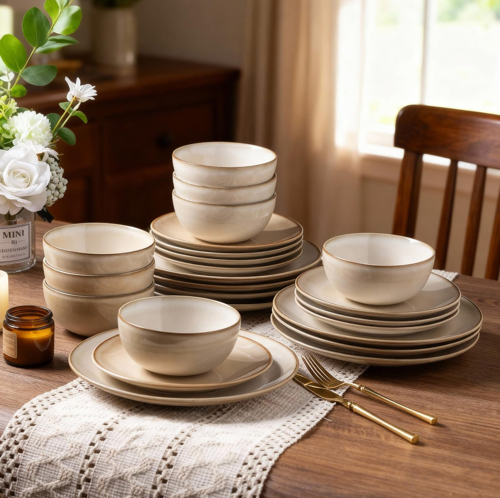 Stoneware Dinnerware Sets for 6, 18 Pieces Handpainted Ceramic Plates and Bowls Set, Scratch Resistant Dishes Set