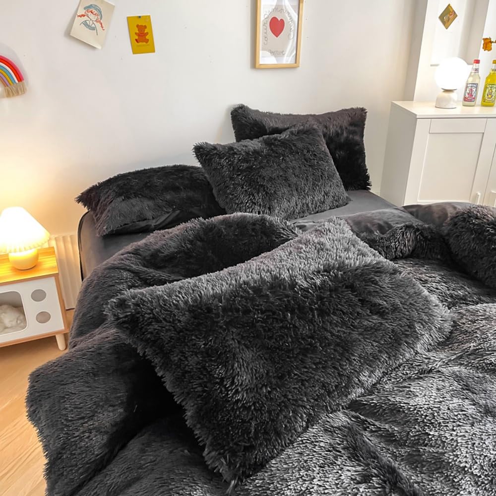 Faux Fur Plush Black Comforter Sets King - Ultra Soft Shaggy Flannel Velvet Fluffy Fuzzy 3PC Bedding Set (Comforter x
