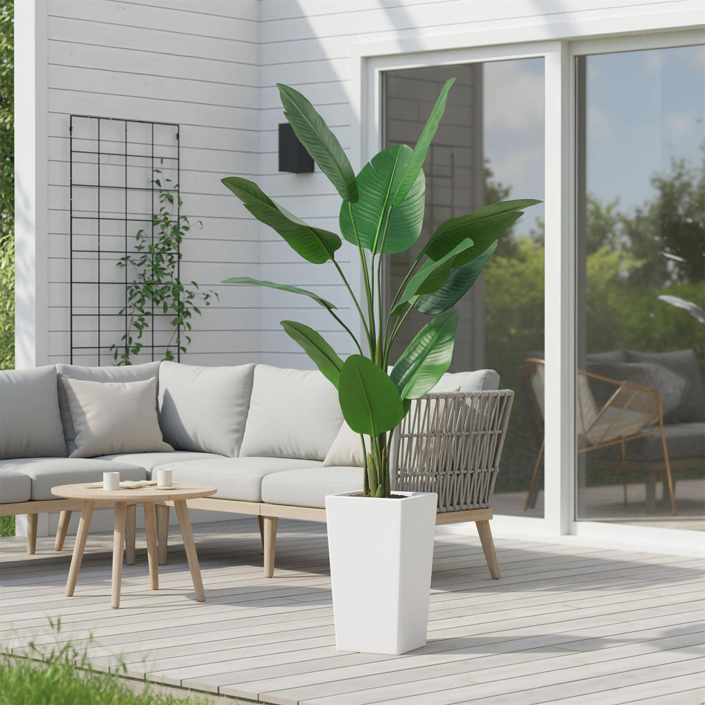 4.8FT Artificial Banana Tree, Fake Potted Tropical Tree, Decorative Evergreen Tropical Plant with White Tall Planter